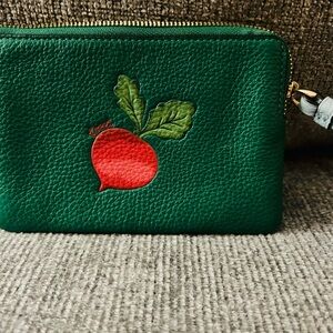 Coach Green corner zip Wristlet with Radish Design